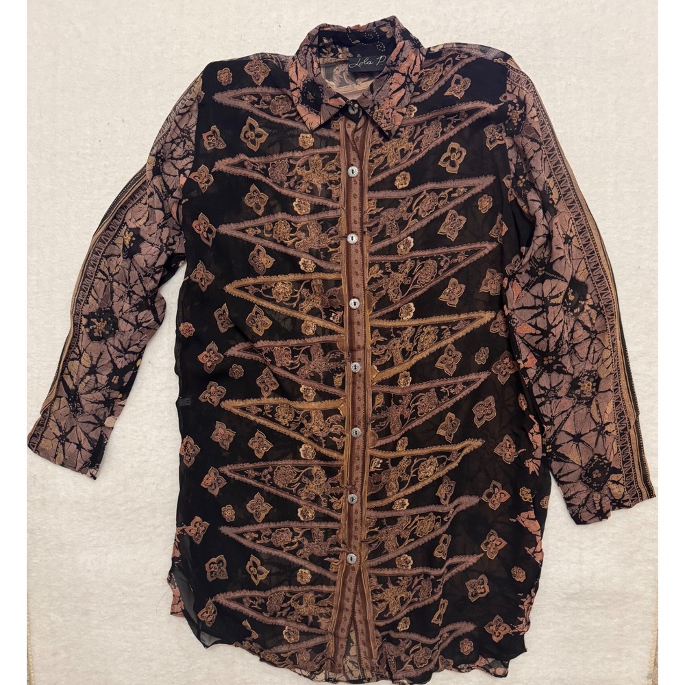 Lola P. Womens Sheer Batik Print Button Down‎ Tunic Shirt Brown Black Medium NWT